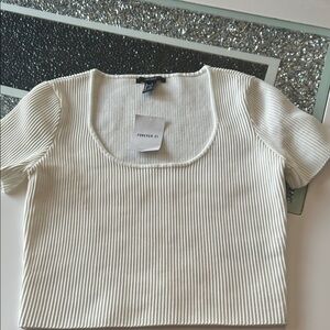Forever 21 Cream Ribbed Scoop Neck Crop Top